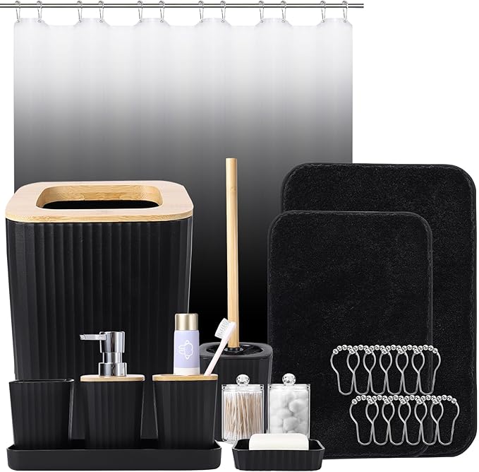 Bathroom Sets with Shower Curtain and Rugs,Black Bathroom Set with Bathroom Trash Can,Soap Dispenser,Toilet Brush,Toothbrush Set,Qtip Holders for Housewarming