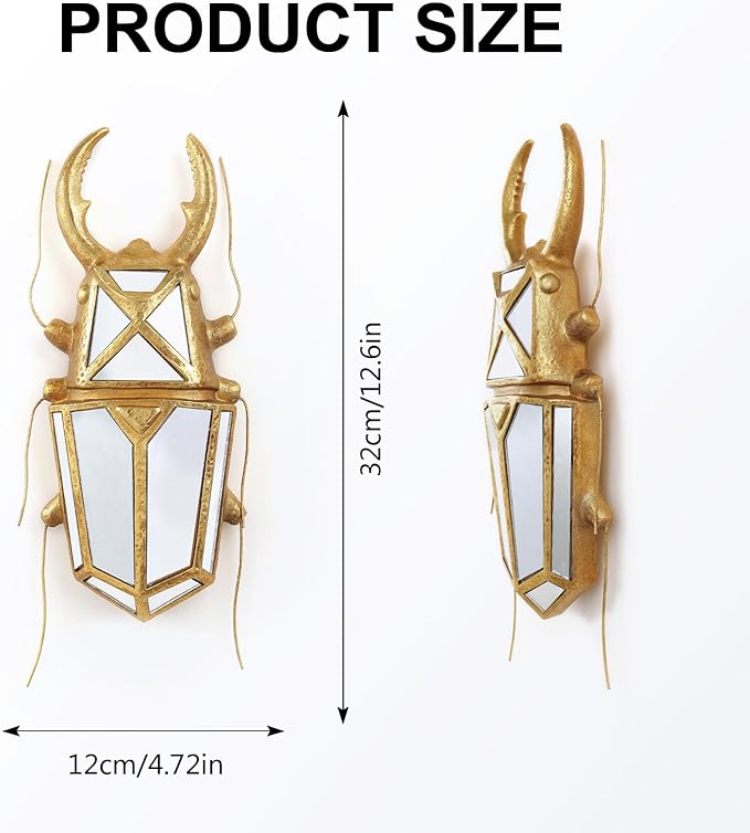 Decorative Bug Insects Beetle Mirrors - Gold Resin and Glass Wall Decor, Perfect for Victorian and European Themed Homes (Sheep Horn Beetle)