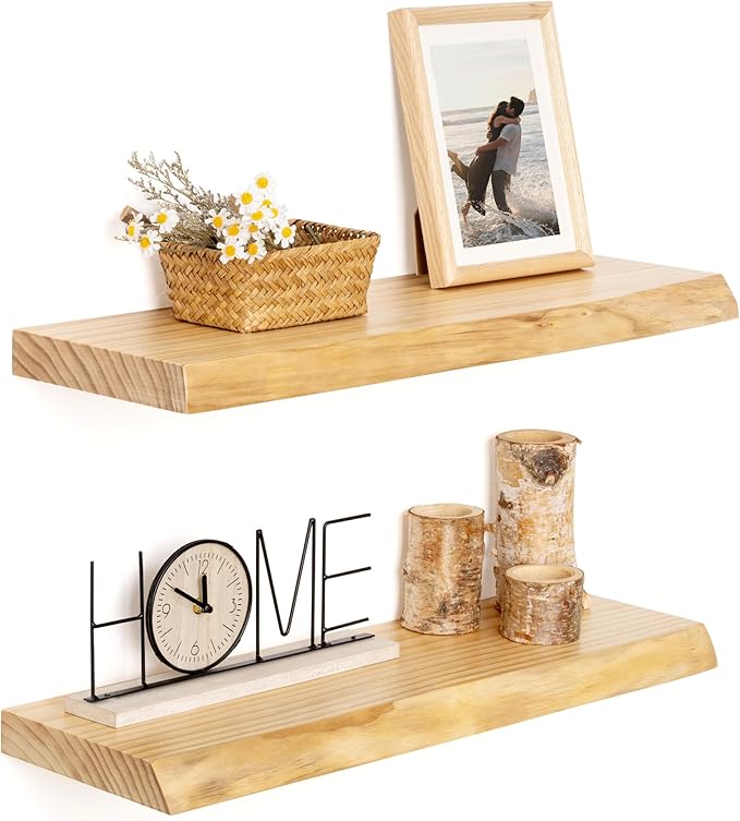 RICHFOCUS Live Edge Wood Floating Shelves for Wall 24" Natural Solid Wood Wall Mounted Shelf|8 Inch Deep Wooden Floating Shelves with Invisible Bracket for Bathroom Kitchen Room|2Pcs, Natural