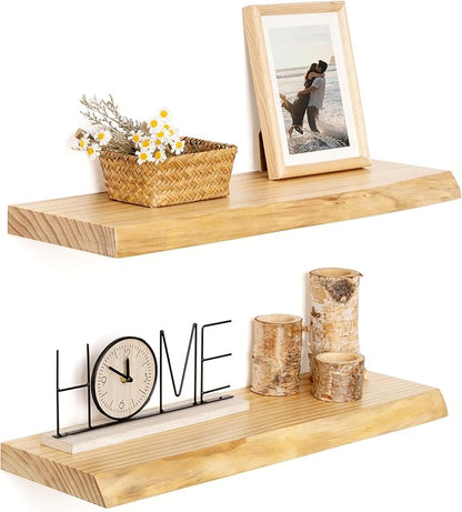 RICHFOCUS Live Edge Wood Floating Shelves for Wall 24" Natural Solid Wood Wall Mounted Shelf|8 Inch Deep Wooden Floating Shelves with Invisible Bracket for Bathroom Kitchen Room|2Pcs, Natural