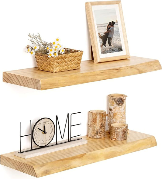 RICHFOCUS Live Edge Wood Floating Shelves for Wall 24" Natural Solid Wood Wall Mounted Shelf|8 Inch Deep Wooden Floating Shelves with Invisible Bracket for Bathroom Kitchen Room|2Pcs, Natural