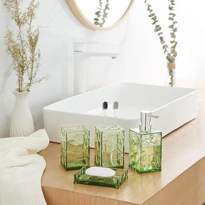 Clear Acrylic Bathroom Accessories Set - Rust-Free, Transparent Design - Includes Soap Dispenser, Toothbrush Holder, Cup, Soap Dish, and Toilet Brush 5-Piece (Saga Green)