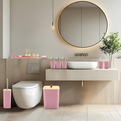 Pink Bathroom Accessories, Bathroom Accessories Set with Trash Can, Soap Dispenser, Toothbrush Holder, Toothbrush Cup, Soap Dish, Toilet Brush, Tray and Q-tip Holders for Housewarming