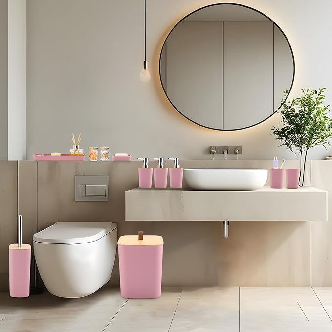 Bathroom Sets with Shower Curtain and Rugs, 27PCS Pink Bathroom Accessories Set with Trash Can, Pink Shower Curtain Set, No Slip Super Absorbent Bathroom Rugs