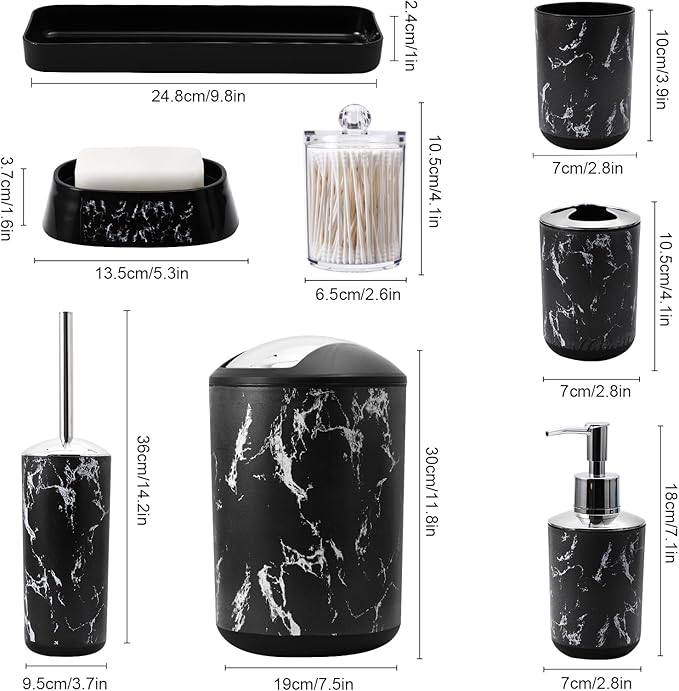 Black Marble Bathroom Accessories Set, Black Bathroom Set with Trash Can, Vanity Tray, Soap Dispenser, Soap Dish, Toothbrush Holder, Toothbrush Cup, Toilet Brush and Qtip Holders for Bathroom