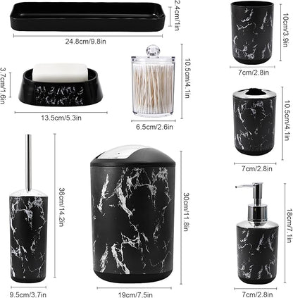 Black Marble Bathroom Accessories Set, Black Bathroom Set with Trash Can, Vanity Tray, Soap Dispenser, Soap Dish, Toothbrush Holder, Toothbrush Cup, Toilet Brush and Qtip Holders for Bathroom