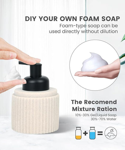 Beige Bathroom Accessory Set - 6 Pcs: Toothbrush Holder, Lotion & Foaming Soap Dispensers, Qtip Holder, Vanity Tray, Bathroom Tumbler - Countertop Organizer