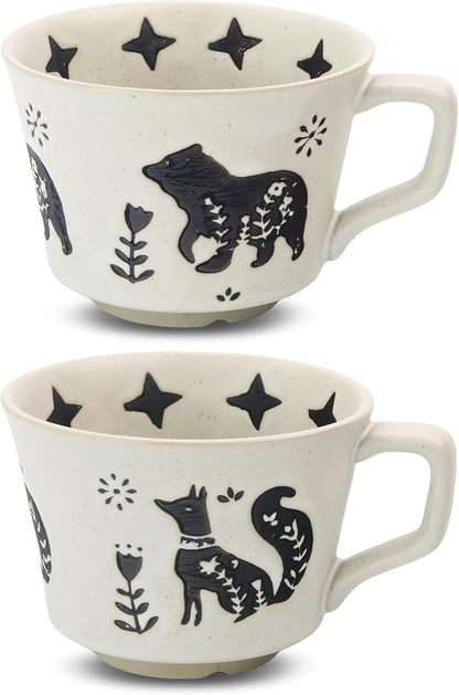 Ceramic Coffee Mug, 12 oz Novelty Unique Teacup with Large Handle, Stoneware Cup for Tea Mocha Latte Cappuccino Espresso (Set of 2, Fox and Bear)