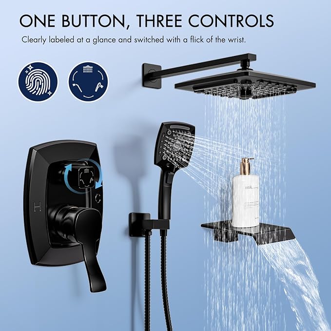 ELLO&ALLO Matte Black Tub Shower Faucet Set with Valve and Trim Kit, Rainfall Waterfall Shower Head with Handheld Combo