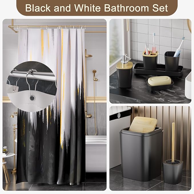 Black Bathroom Accessories Set - 24PCS Bathroom Sets with Shower Curtain and Rugs,Waterproof Black and White Shower Curtain Set, Toilet Brush, Trash Can & Soap Dispenser