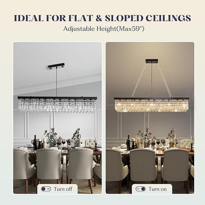 Rectangular Black Crystal Chandelier,10 Light Crystal Chandeliers for Dining Room, Rectangle Light Fixture for Kitchen Island L47''xW10''x H10''