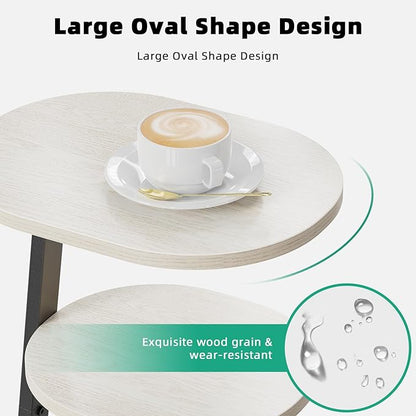 Side Table, Small End Table with Metal Frame, 3-Tier Bedside Tables, Round Side Tables for Living Room Bedroom Couch Bathroom, Oval, White Maple