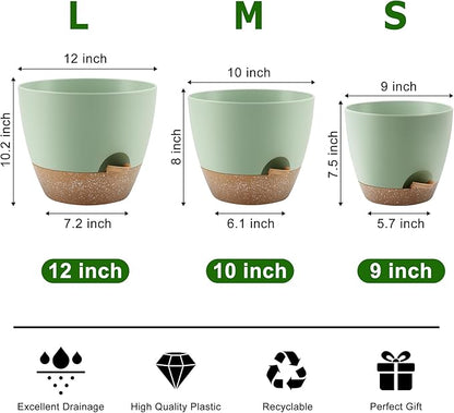 Plant Pots 12/10/9 Inch Self Watering Pots, Set of 3 Plastic Planters with Drainage Holes and Saucers,Plastic Flower Pots,Nursery Planting Pot for Indoor Out Door Plants(Green)
