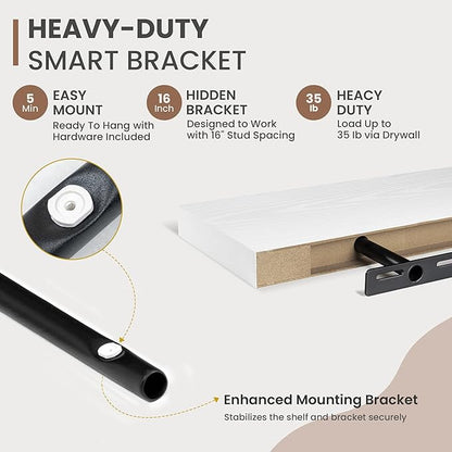 30 Inch Floating Shelves, 8 Inch Deep Floating Shelves for Wall, Hanging Shelf with Invisible Brackets, Deep Shelves for Bathroom, Bedroom, Living Room, White, Set of 2