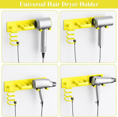 Tindbea Hair Dryer Holder Curling Iron Holder Flat Iron, Blow Dryer Holder Wall Mount, 3 in 1 Bathroom Hair Tool Organizer Rack for Universal Dryer, Bright Yellow