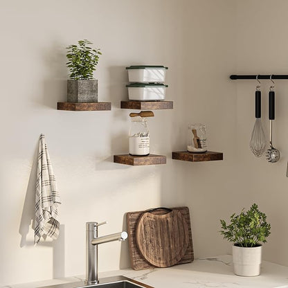 Square Floating Shelves for Wall, 8"W x 8"D x 1.2"H, Small Wooden Wall Mounted Display Shelves with Invisible Brackets for Living Room, Bedroom, Bathroom, Kitchen Decor, Set of 4, Rustic Brown