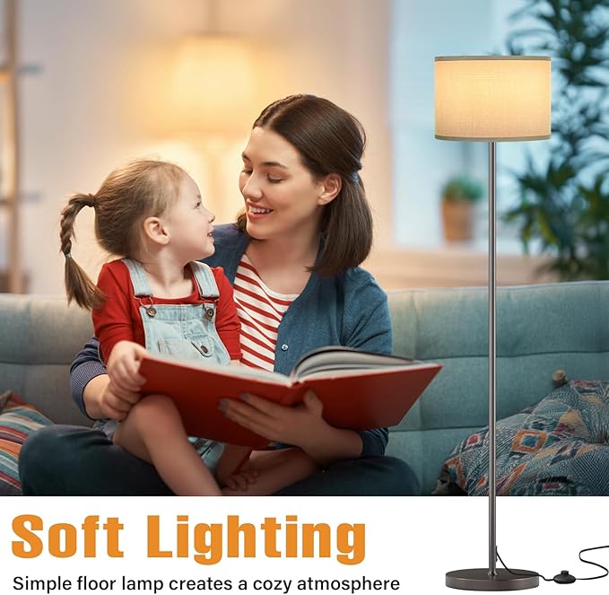 Ambimall 60'' Modern Floor Lamp with Shade, Tall Lamps for Living Room, Bedroom, Office, Dining Room, Gray Shade with Deep Gray Pole(Without Bulb)