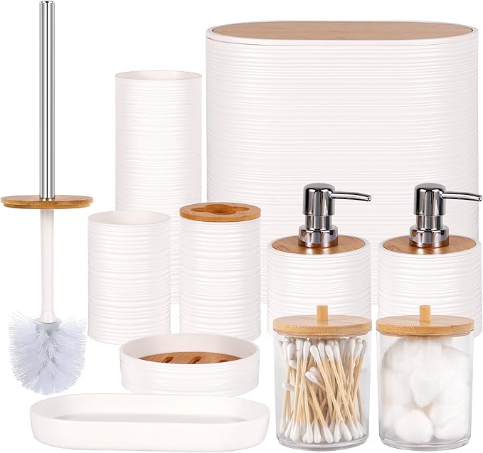 Bathroom Accessory Set,10 PCS White Bathroom Accessories Set with Trash Can, Toothbrush Holder, Soap Dispenser, Toothbrush Cup, Vanity Tray, Soap Dish, Toilet Brush, Qtip Holders