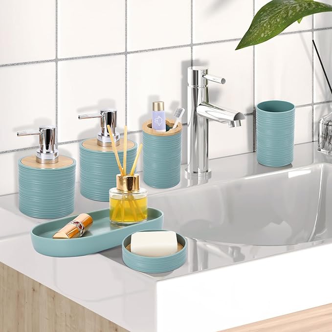 Blue Bathroom Set, Light Blue Bathroom Accessories Set with Trash Can, 2PCS Soap Dispensers, Soap Dish, Toothbrush Holder, Toothbrush Cup,Toilet Brush, Tray and Qtip Holders for Bathroom Decor