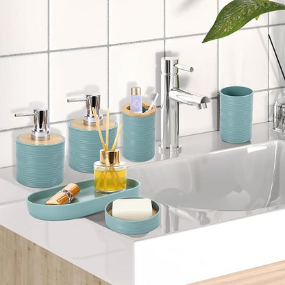 Blue Bathroom Set, Light Blue Bathroom Accessories Set with Trash Can, 2PCS Soap Dispensers, Soap Dish, Toothbrush Holder, Toothbrush Cup,Toilet Brush, Tray and Qtip Holders for Bathroom Decor