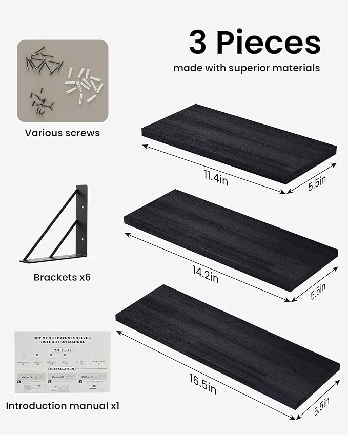 BAYKA Wall Shelves for Bedroom Decor, Floating Wall Shelves for Living Room Kitchen Storage, Mounted Rustic Wood Floating Shelves for Kids Books, Corner Shelves for Bathroom, Office(Set of 3)