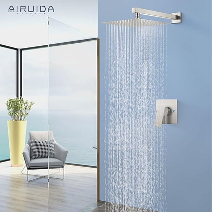 Airuida Shower Faucet Set Bathroom Rain Shower System SUS304 Stainless Steel Single Handle With Male Threads Rough-in Valve Shower Trim Kit 10 Inch Wall Mount Shower Head Brushed Nickel