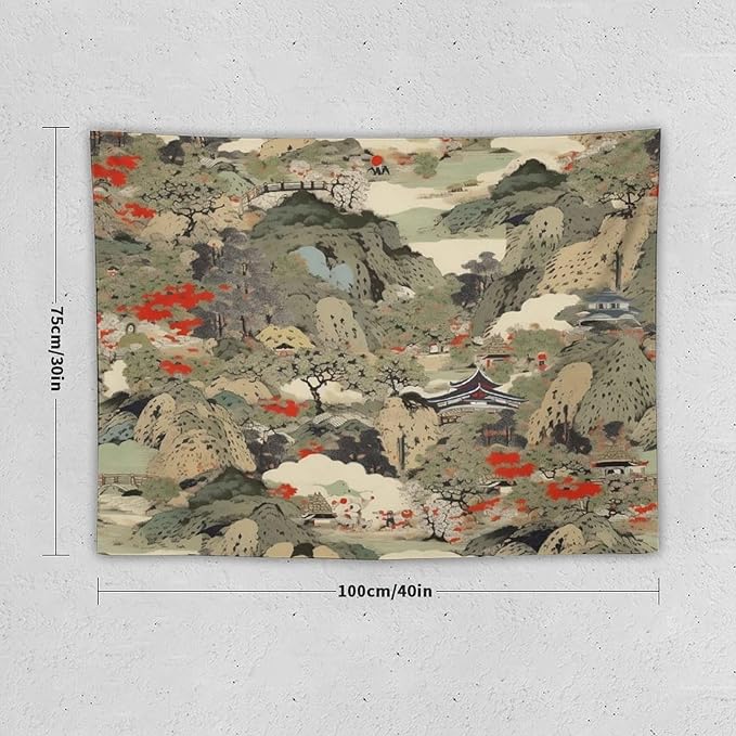 Asian Tapestry, Japanese Red Landscape, Bedroom & Living Room Decor, 40"x30"