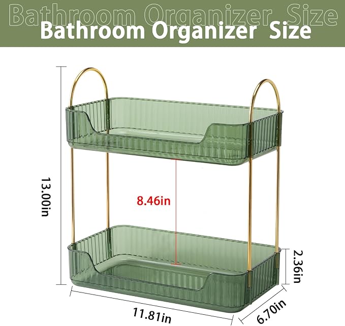 Bathroom Counter Organizer Countertop Storage, Cosmetics Skincare Shelf, Makeup Organizer Perfume for Dresser Vanity Tray, Spice Rack for Kitchen(2 Tier-Green)