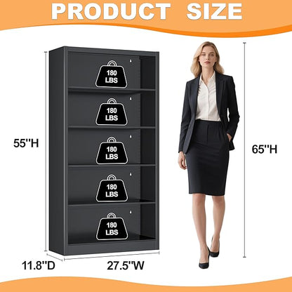 Black Bookshelf, 55” Adjustable Tall Metal Bookshelf, 5-Tier Toy Storage Organizer with Anti-Tilt Device, Modern Book Cases and Book Shelves for Bedroom, Playroom, Classroom, Study