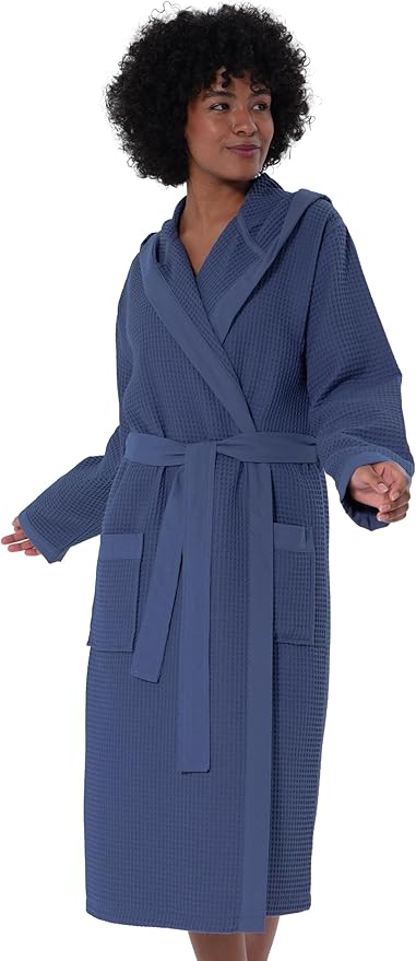 Women’s Luxury Waffle Shawl Collar, Hooded Robe w Piping – Lightweight, Long, Ultra Soft Spa Sleepwear Bathrobe