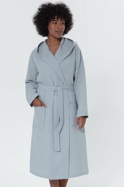 Women’s Luxury Waffle Shawl Collar, Hooded Robe w Piping – Lightweight, Long, Ultra Soft Spa Sleepwear Bathrobe