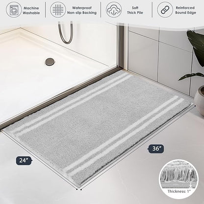 PURRUGS Bathroom Rug Non-Slip Machine Washable 24" x 36", Super Absorbent and Quick Dry Shaggy Microfiber Bath Mat, Extra Soft and Plush Bath Rug for Bathtub, Shower and Sink, Light Grey