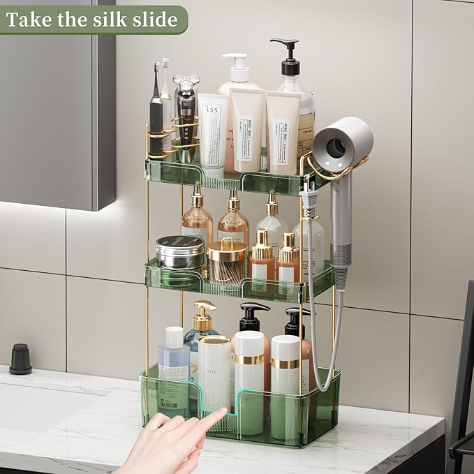YCIA&DONE Bathroom Counter Organizer, Large Makeup Organizer Countertop, Shelf Storage, Vanity Tray, Easily Assemble for Bathroom Organizers and Storage, Undersink, Cabinet, 3 Tiers Green
