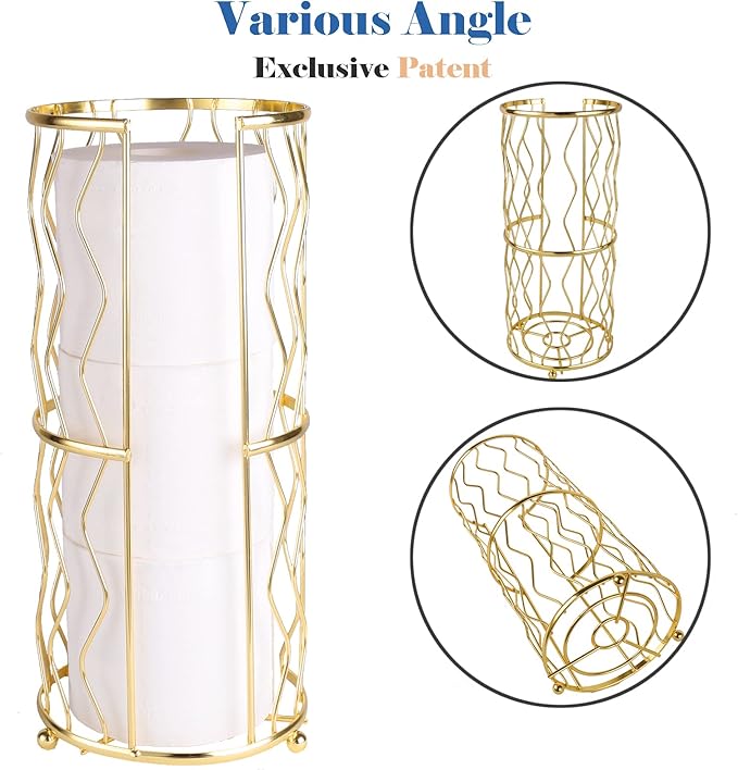 Decorative Metal Standing Toilet Tissue Holder for Bathroom/Powder Room, Compact Tissue Reserve for 3 Rolls of Toilet Paper Gold