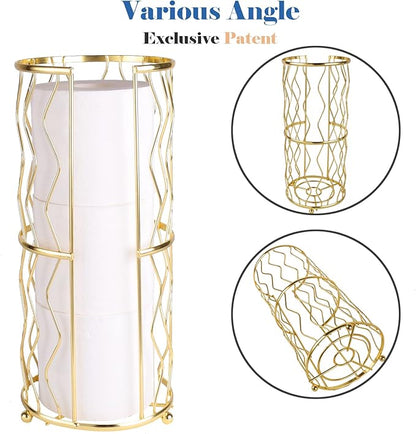Decorative Metal Standing Toilet Tissue Holder for Bathroom/Powder Room, Compact Tissue Reserve for 3 Rolls of Toilet Paper Gold