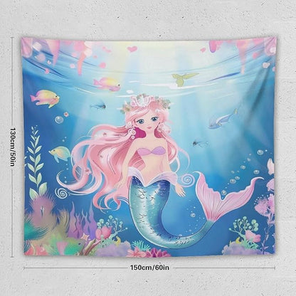 HZOHNAGO Mermaid Girls Tapestry Watercolor Mermaid Princess Pattern Printed Wall Tapestry Wall Hanging for Bedroom Living Room Dorm 60" W x 50" H
