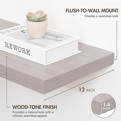 12 Inch Floating Shelves, 12" Deep Floating Shelf Wall Mounted, 12" Wall Shelves, Rustic Deep Bookshelf, Extra Deeper Display Shelves & Storage Shelves for Bedroom, Living Room, Set of 3