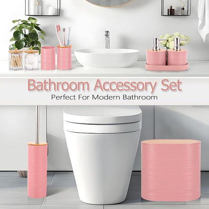 Pink Bathroom Set, 25 PCS Bathroom Accessories Set with Shower Curtains, Rugs, Trash Can, Toothbrush Holder, Soap Dispensers, Toothbrush Cup, Vanity Tray, Soap Dish, Toilet Brush, Qtip Holders