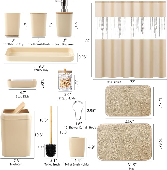 Beige Bathroom Accessories Set with Glitter Shower Curtain and Rugs,Bathroom Sets with Extra Soft and Absorbent Bath Rugs Sequin Shower Curtain Green Bathroom Sets for Bath Decor