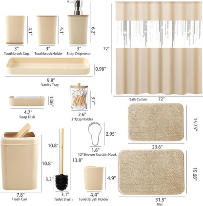 Beige Bathroom Accessories Set with Glitter Shower Curtain and Rugs,Bathroom Sets with Extra Soft and Absorbent Bath Rugs Sequin Shower Curtain Green Bathroom Sets for Bath Decor