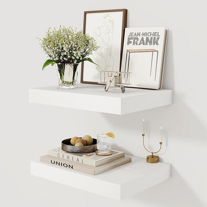 12 Inch Deep White Floating Shelves, 16 x 12 Floating Shelf for Books, Rustic Wood Deep Wall Shelves for Home Storage & Display, 2" Thicked Shelves for Kitchen, Living Room, Bedroom, 2 Pack