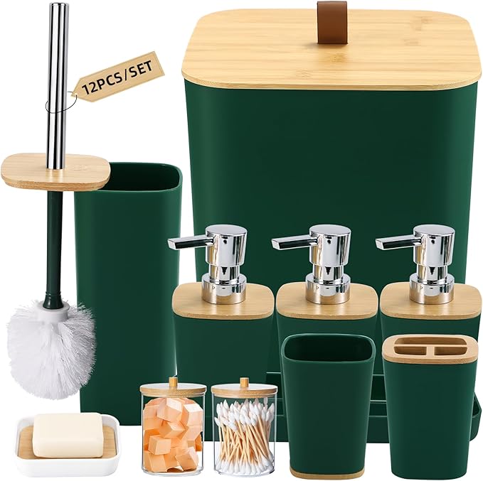 Dark Green Bathroom Accessories, Green Bathroom Accessories Set with Trash Can, Soap Dispenser, Toothbrush Holder, Toothbrush Cup, Soap Dish, Toilet Brush, Tray and Q-tip Holders