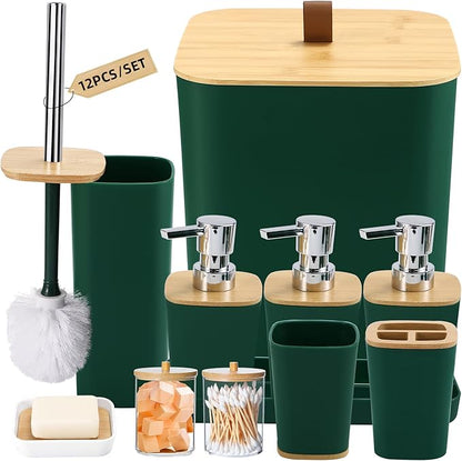 Dark Green Bathroom Accessories, Green Bathroom Accessories Set with Trash Can, Soap Dispenser, Toothbrush Holder, Toothbrush Cup, Soap Dish, Toilet Brush, Tray and Q-tip Holders