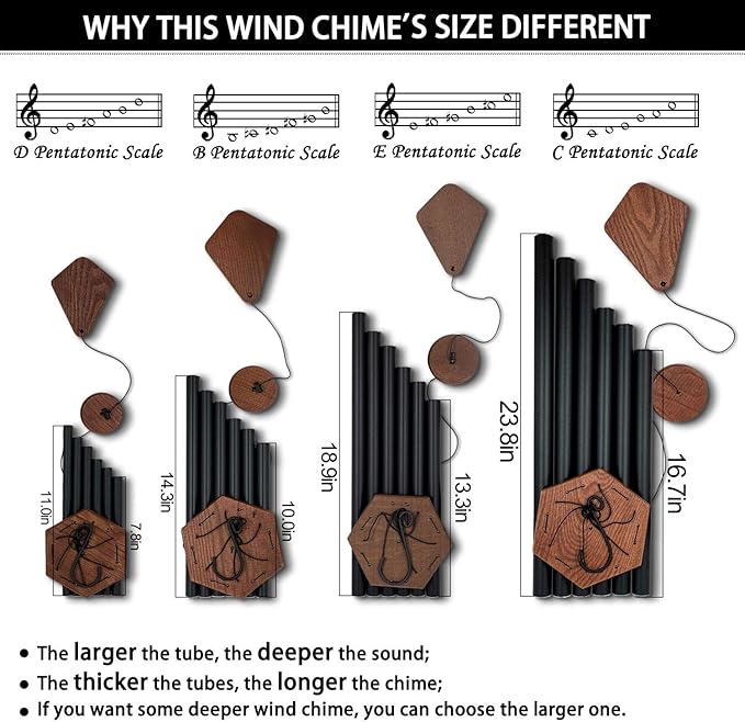 Wind Chimes Outdoor Large Deep Tone, 44 Inches Sympathy Wind Chimes Tuned Soothing Melody, Memorial Wind-Chime with 6 Heavy Tubes for Outside Decoration, Garden/Yard. Black Wind Chime