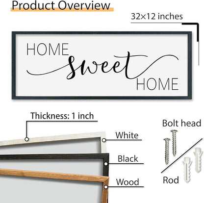 SRSZHIYUE Home Sweet Home Sign 32"x12" for Farmhouse Rustic Large Family Living Room Over Couch Modern Horizontal Wall Decor, Wood Framed Plaques Art Decorative (Black)