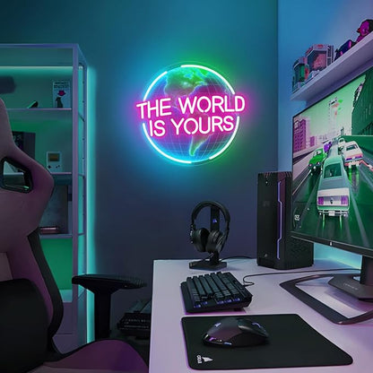 The World Is Yours Neon Sign for Wall Decor, Earth Neon Light with Dimmer, for Man Cave Boy Room Decor, Gift for Man Boyfriend, Decoration USB Powered with Switch