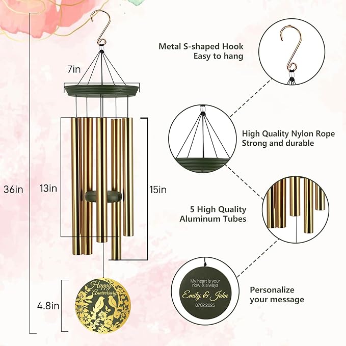 ASTARIN Happy Anniversary Wind Chimes Personalized, Deep Tone Wind Chimes for Memory Day, for Couple Friends Wife Husband, Marriage Keepsake Gift Ideas