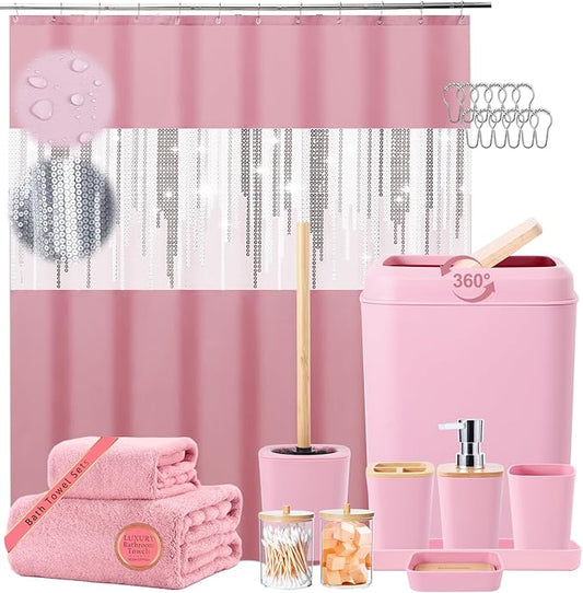 Pink Bathroom Accessories Set Bathroom Set with Sequin Shower Curtain,Towel Set Pink Bathroom Decor with Trash Can