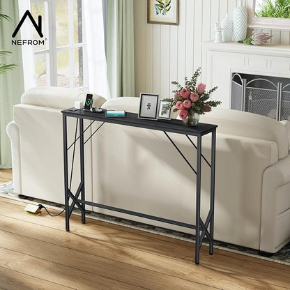 39.4" Console Table, Skinny Entryway Table with Fast-Charging Station, Narrow Long Sofa Table, Behind Slim Couch Table for Entrance, Hallway, Living Room Decor ST-BK100-1