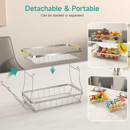 2 Tier Fruit Basket for Kitchen Counter with 2 Banana Hangers, 2025 Pro Detachable Metal Fruit Bowl with Wooden Handle,Fruit Holder for Bread Snack Veggies, Silvery